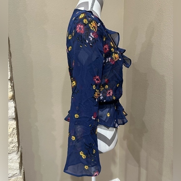 EXPRESS Blue Sheer floral blouse with ruffles, EUC! - Picture 3 of 5